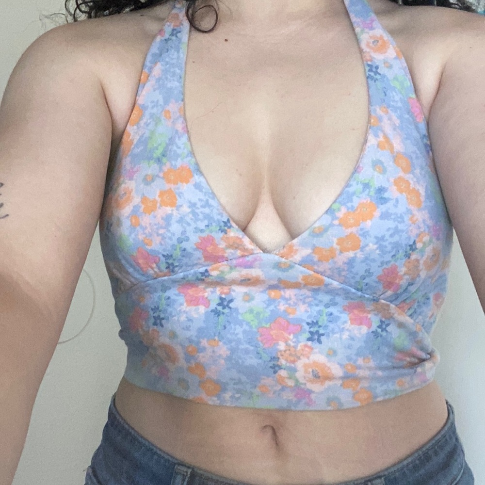 floral pastel blue halter crop top